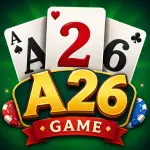A26 Game feature image with gold casino-style logo, playing cards, poker chips, and green background.